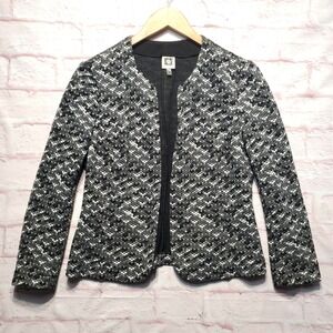 Anne Klein Jacket Women Medium Gray Geometric Knit Open Front Blazer Office Chic